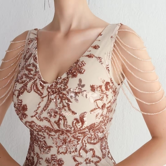 Gold, Floral Print,  V Neck,  Beaded Draped Sleeves,  Contrast Sequined Gown - Picture 4 of 16